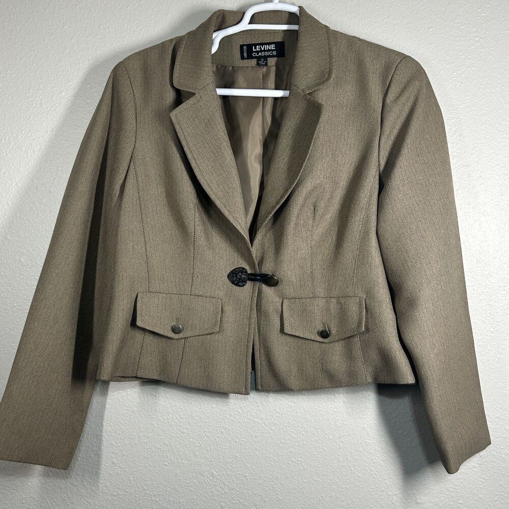 Levine Classics Jacket Womens 18 Tan Herringbone Cropped Toggle Front Blazer
